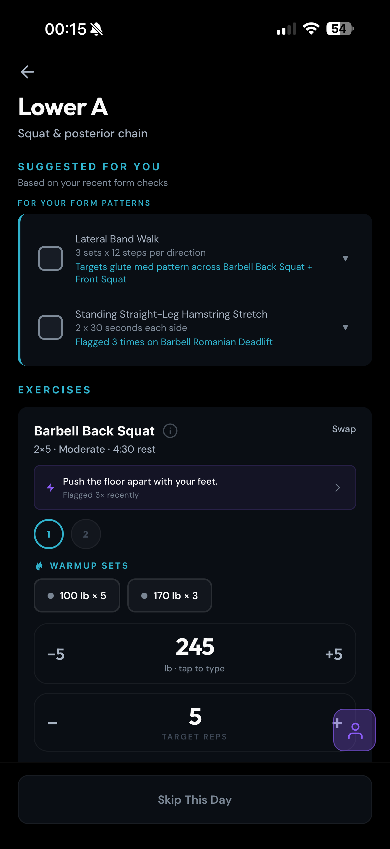 In-session view with suggested warmups and a weight stepper